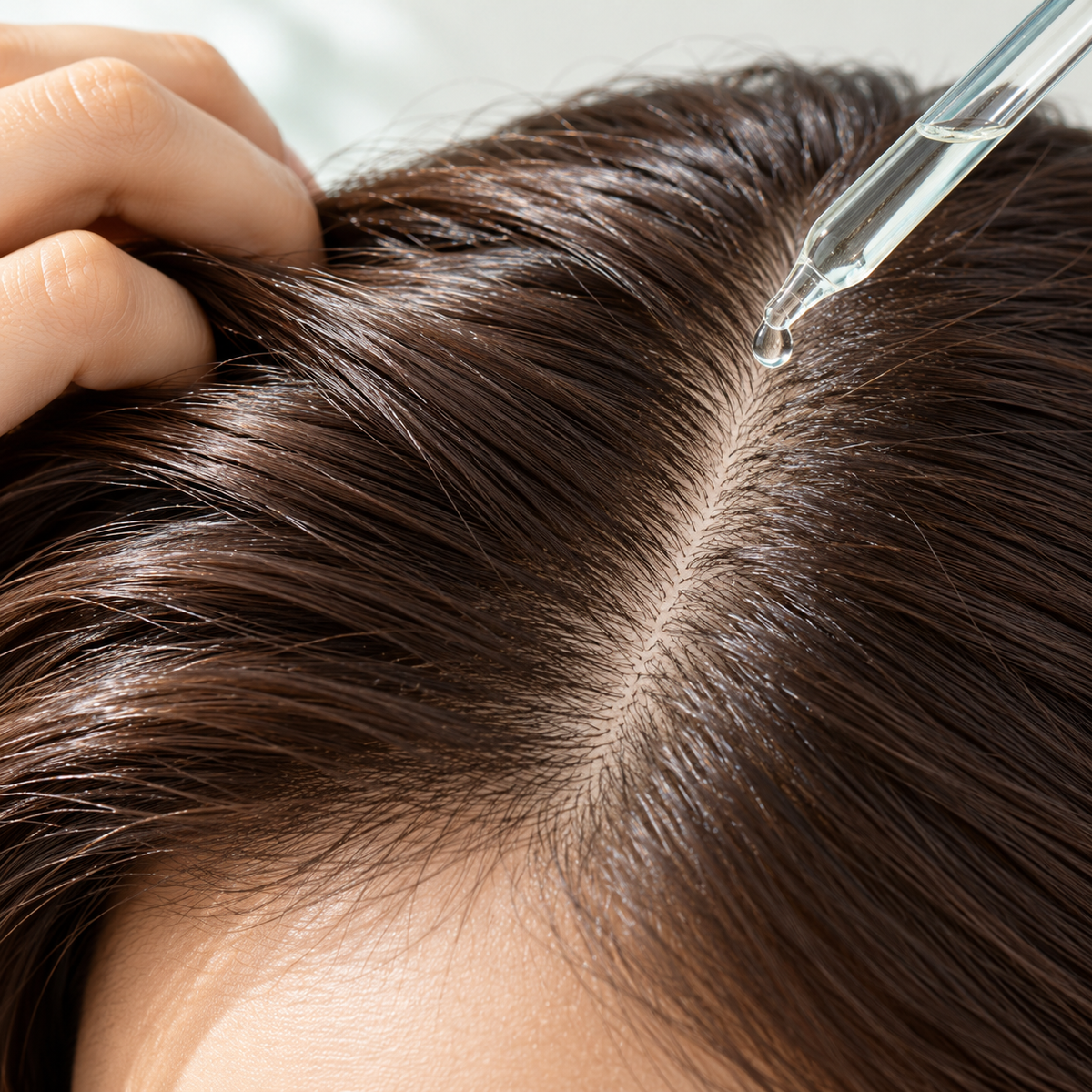 Scalp care: a glass serum pipette beside neatly parted brown hair.