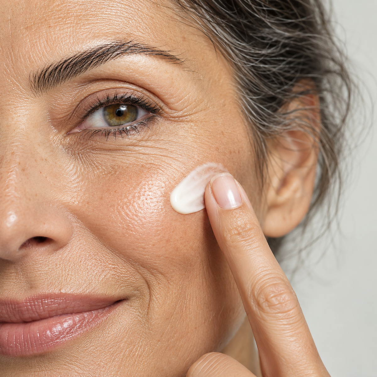 Anti-wrinkle actives: cream being applied beside a woman's eye with natural fine lines.