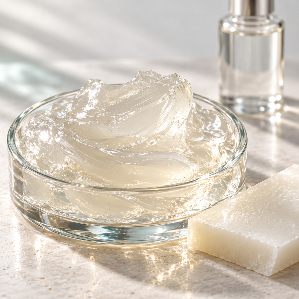 Core products: clear petroleum jelly, an ivory wax slab and a glass oil vial.