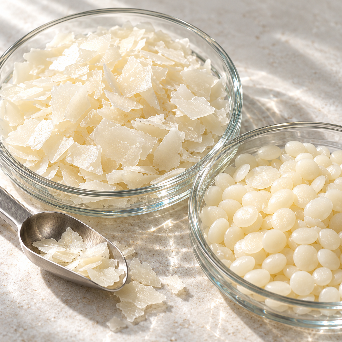 Emulsifying waxes and emulsifiers: ivory wax flakes and pellets in glass dishes with a silver scoop.