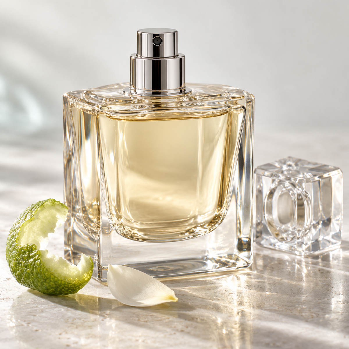 Fragrances: clear glass perfume bottle with bergamot peel and an ivory petal.