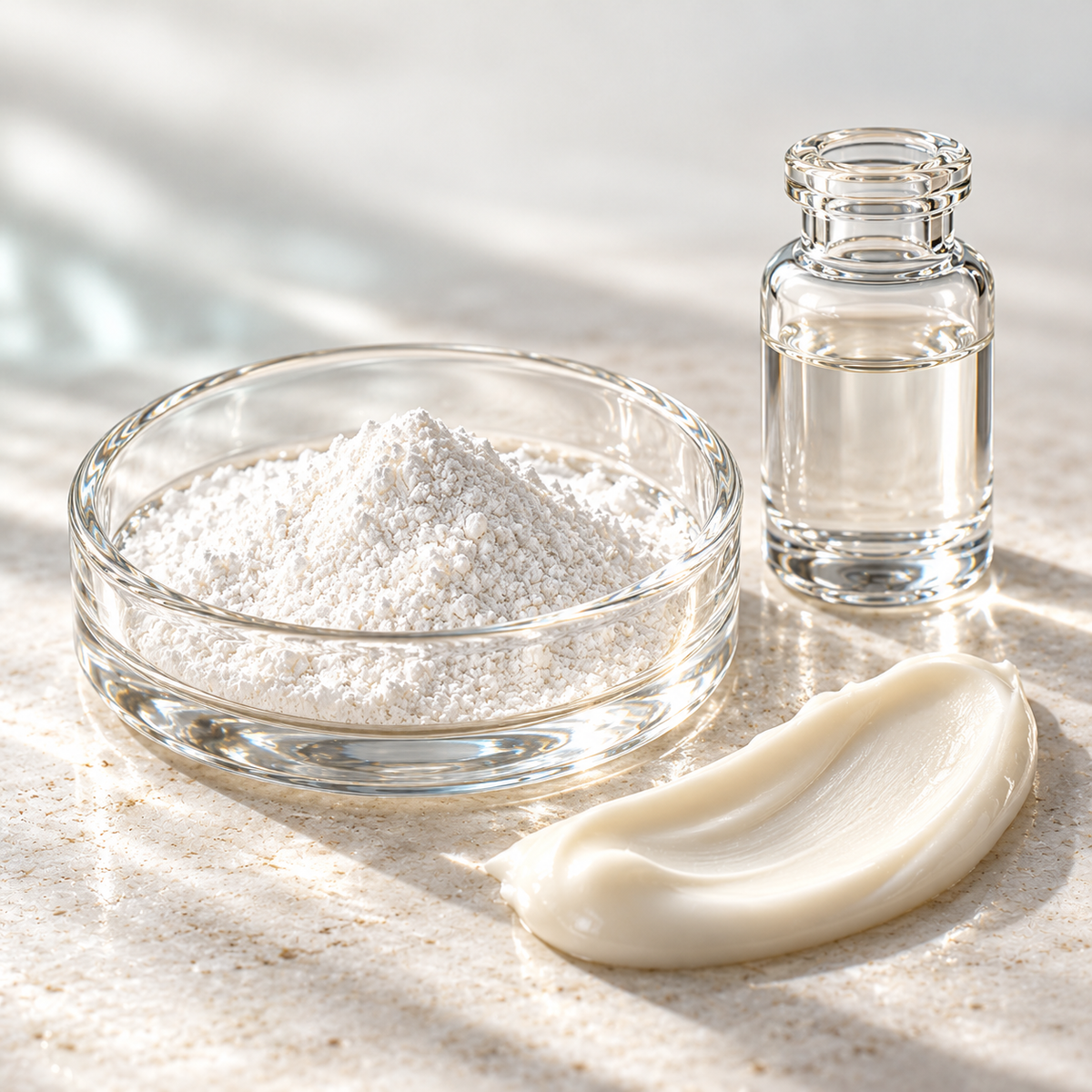 Cosmetic ingredients: fine white powder, a clear liquid vial and an ivory cream swatch.