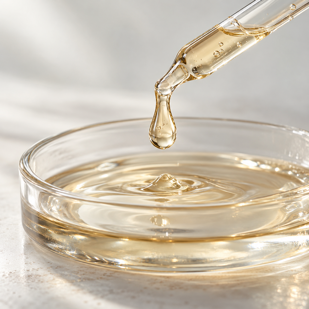 Oils and humectants: a glass pipette dispensing pale golden liquid into a clear glass dish.