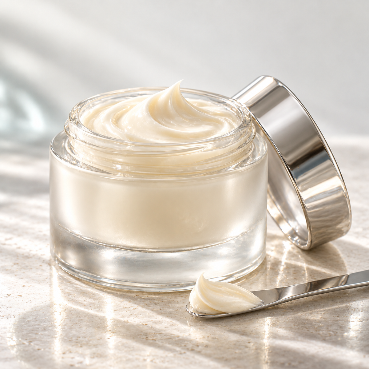 Preservatives: an open glass jar of face cream with a silver lid and spatula.