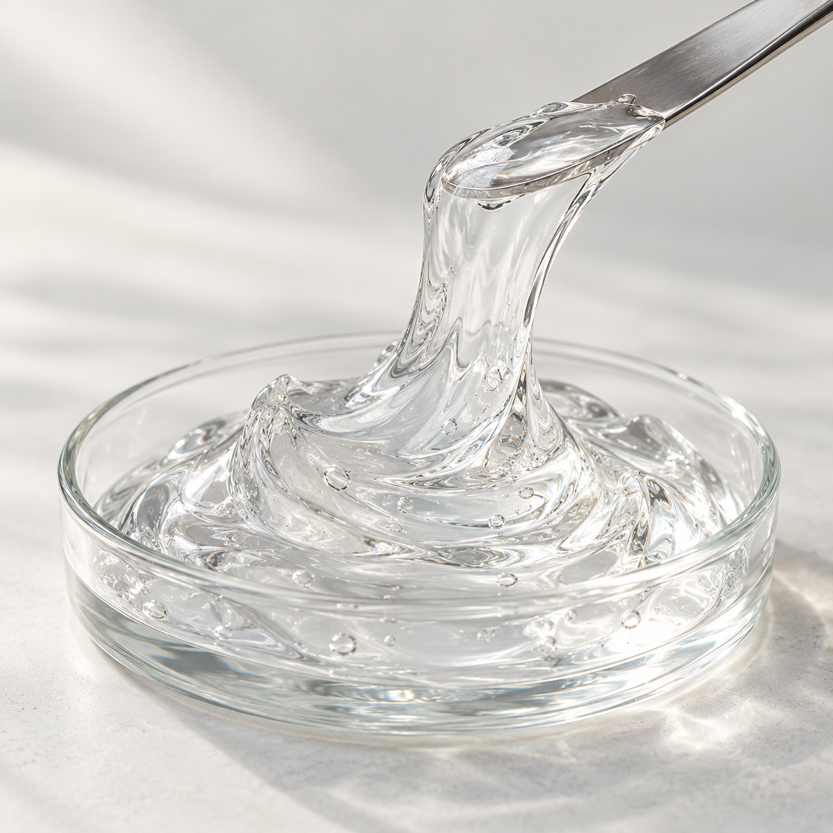 Rheology modifiers and carbomers: clear cosmetic gel being lifted with a silver spatula.