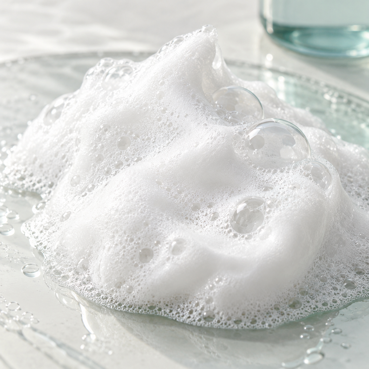 Surfactants: fine white cleansing foam on wet glass.