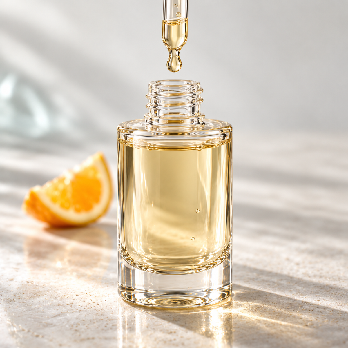 Vitamins: a clear serum bottle with an amber droplet and a subtle orange slice.