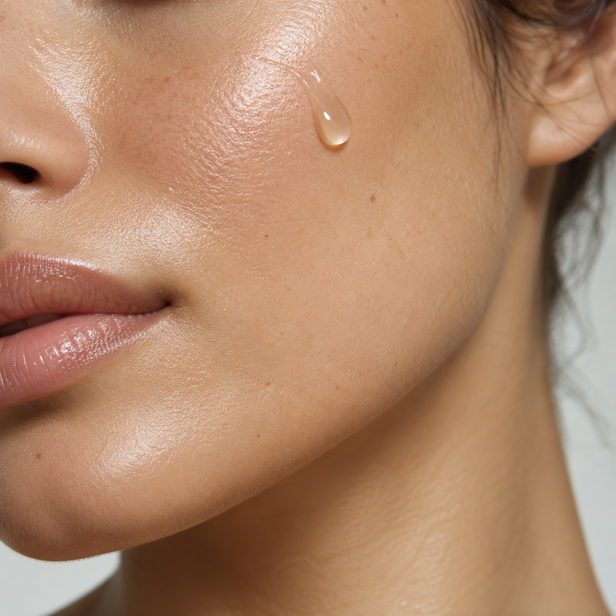 Whitening actives: a clear skincare serum droplet on naturally textured skin.