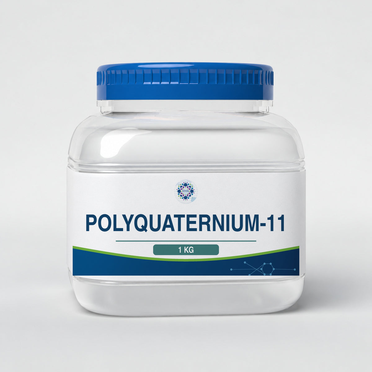 KMA Polyquaternium-11, 1 kg, squat rounded-square clear gel jar with blue lid