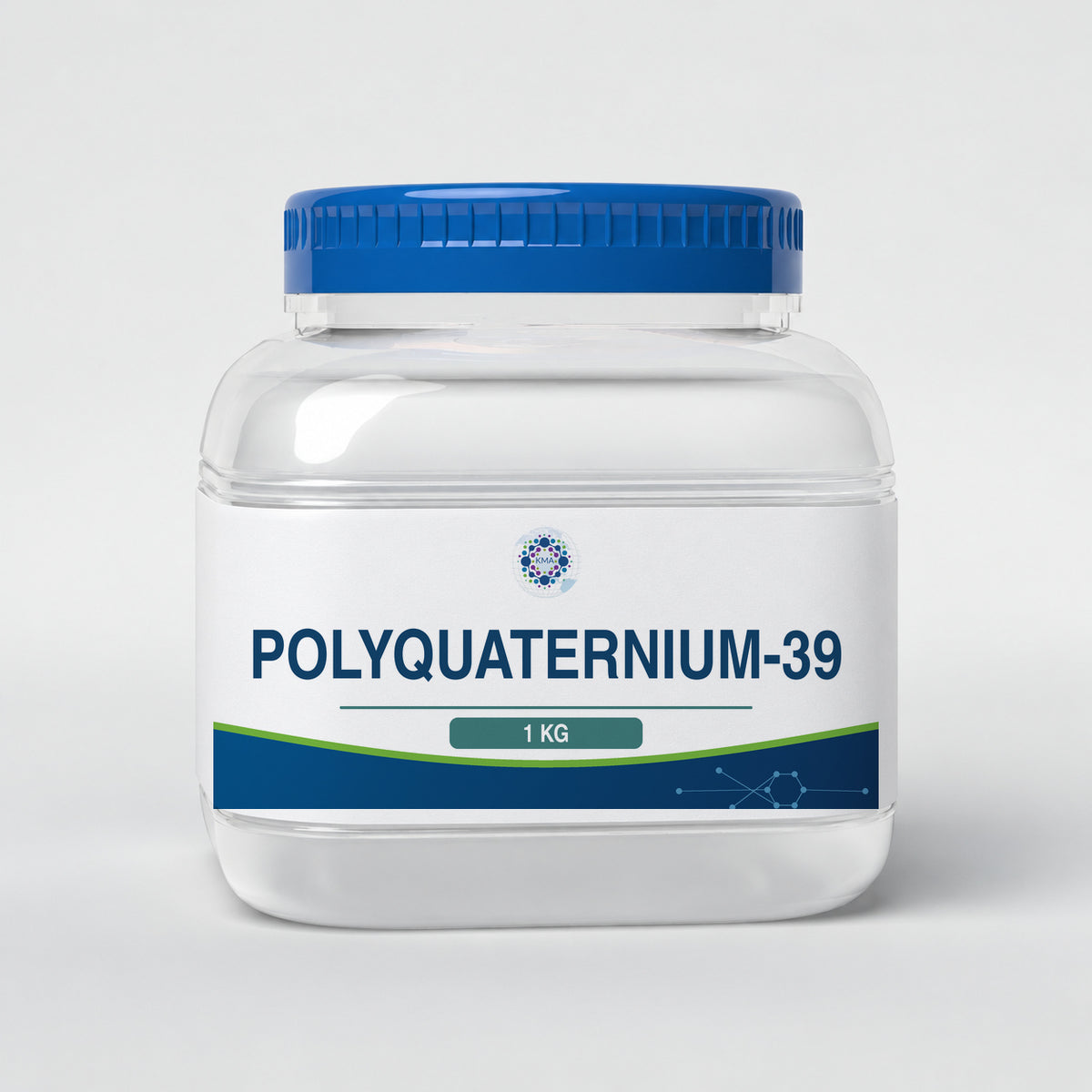 KMA Polyquaternium-39, 1 kg, squat rounded-square clear gel jar with blue lid