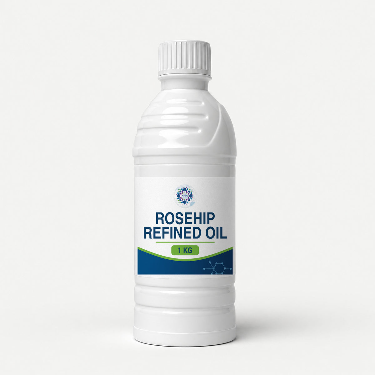 KMA Rosehip Refined Oil, 1 kg, slender opaque ribbed-shoulder bottle with white cap