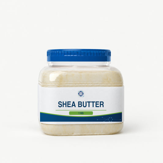 KMA Shea Butter, 1 kg, squat rounded-square clear butter jar with blue lid