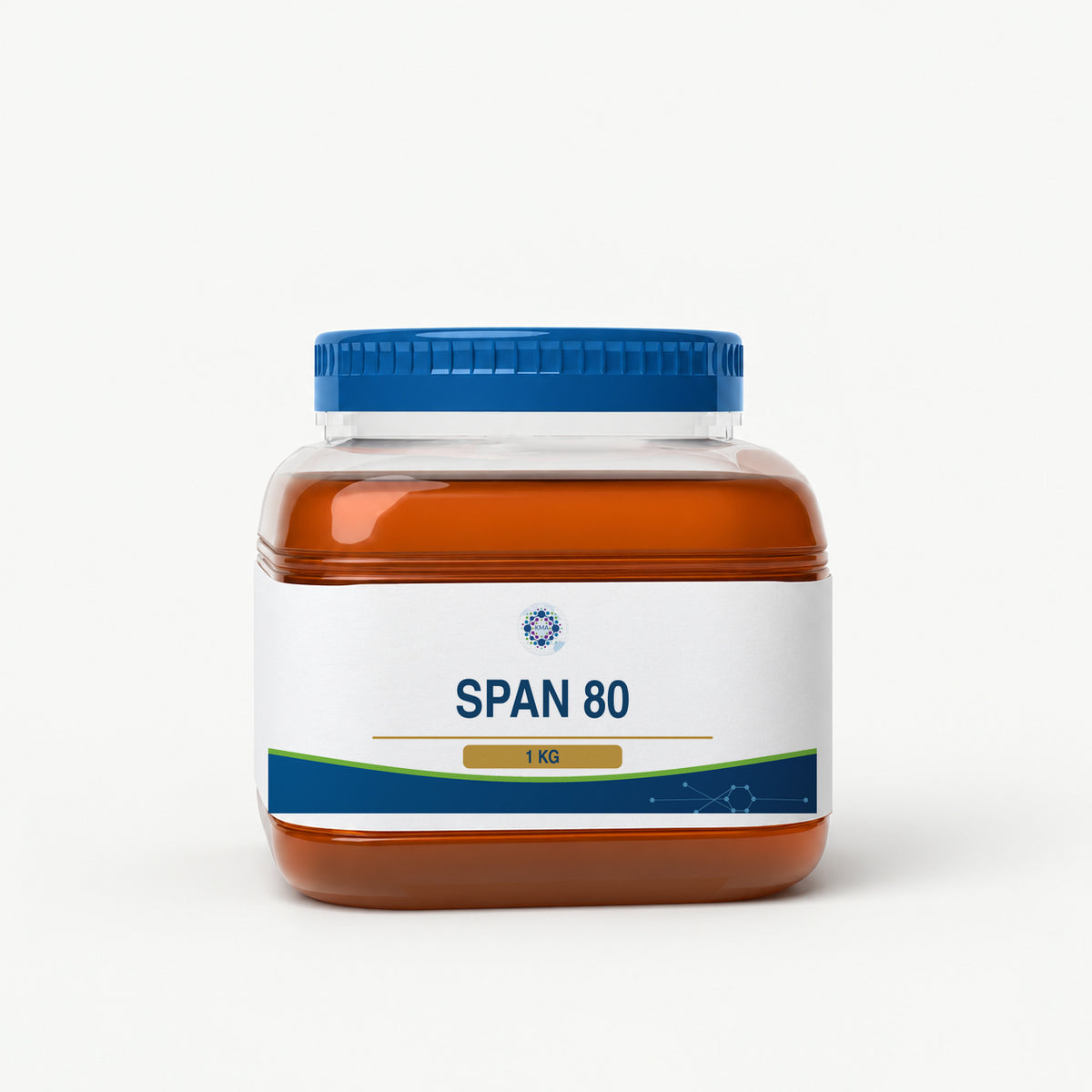 KMA Span 80, 1 kg, squat rounded-square clear viscous-liquid jar with blue lid