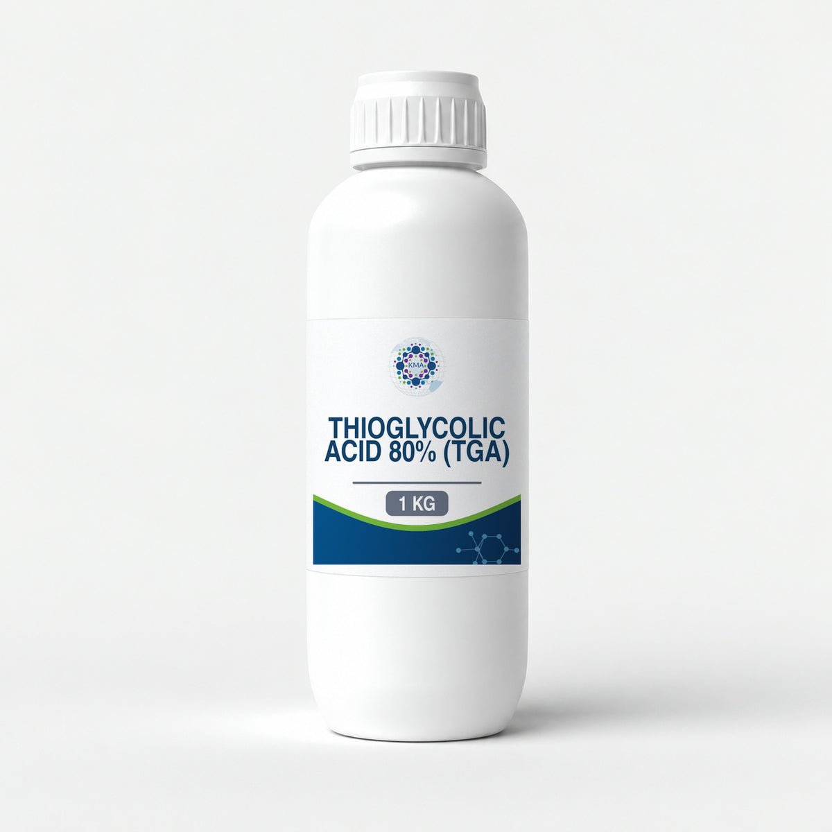 KMA Thioglycolic Acid 80% (TGA), 1 kg, slender smooth opaque bottle with white cap