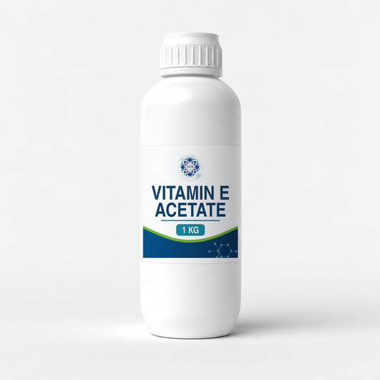KMA Vitamin E Acetate, 1 kg, slender smooth opaque bottle with white cap