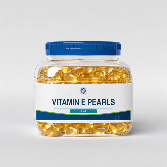 KMA Vitamin E Pearls, 1 kg, squat rounded-square clear pearls jar with blue lid